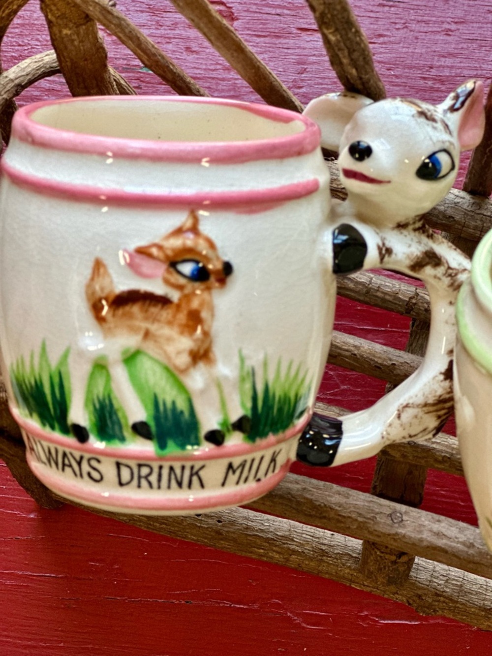 Vintage Set of Always Drink Milk Ceramic Animal Handle Mugs Cream Pastel Accents - Picture 3 of 10